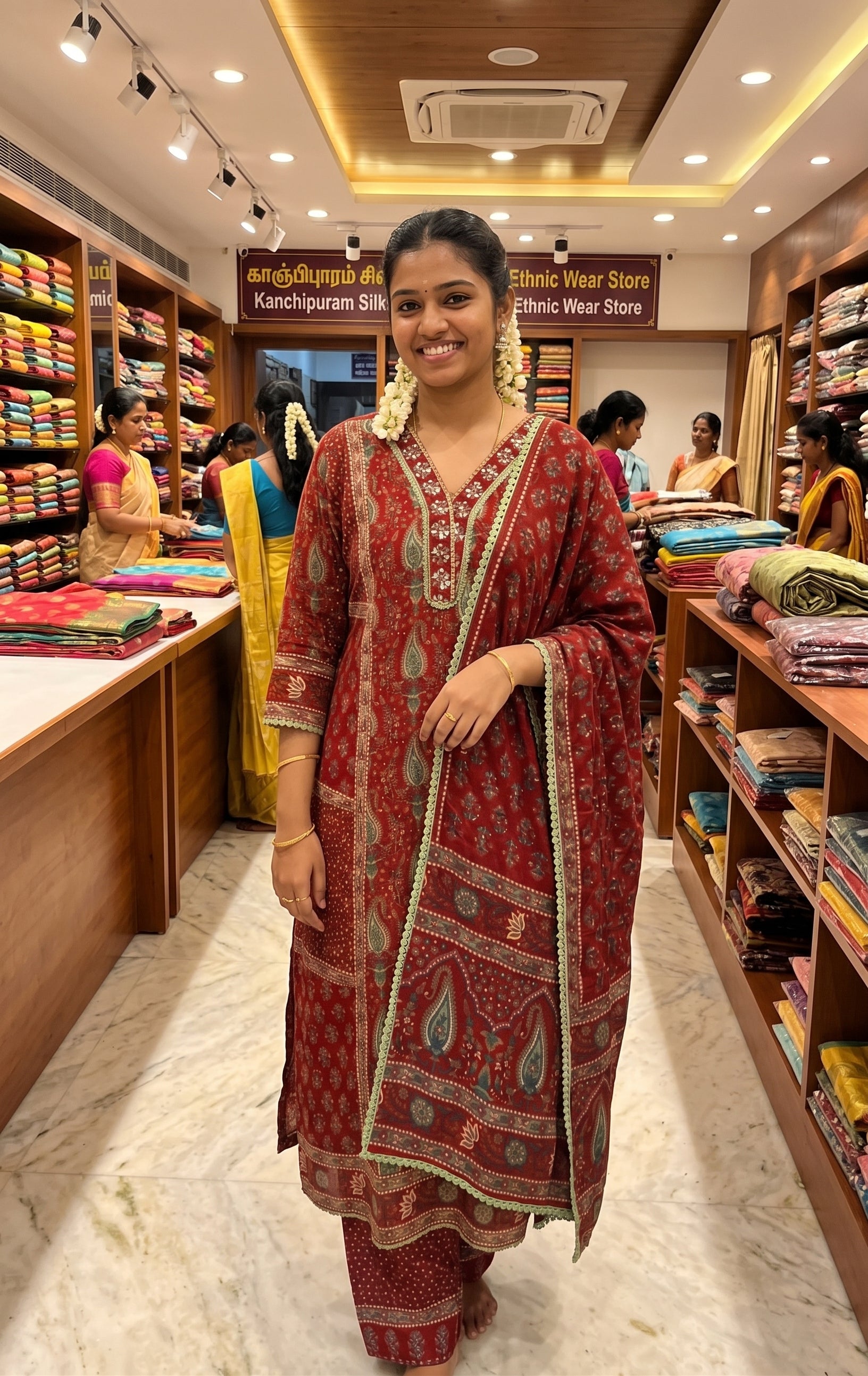 Rust Red Floral & Paisley Block Printed Kurta Set with Dupatta