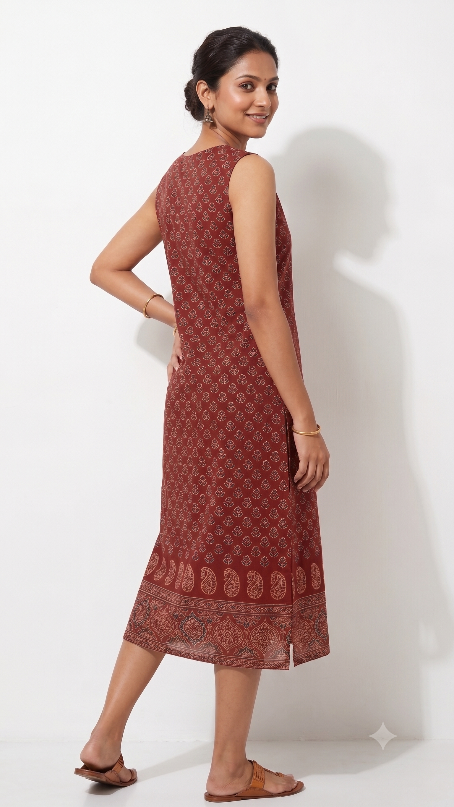 Rust Red Cotton Block Print Straight Kurta-1