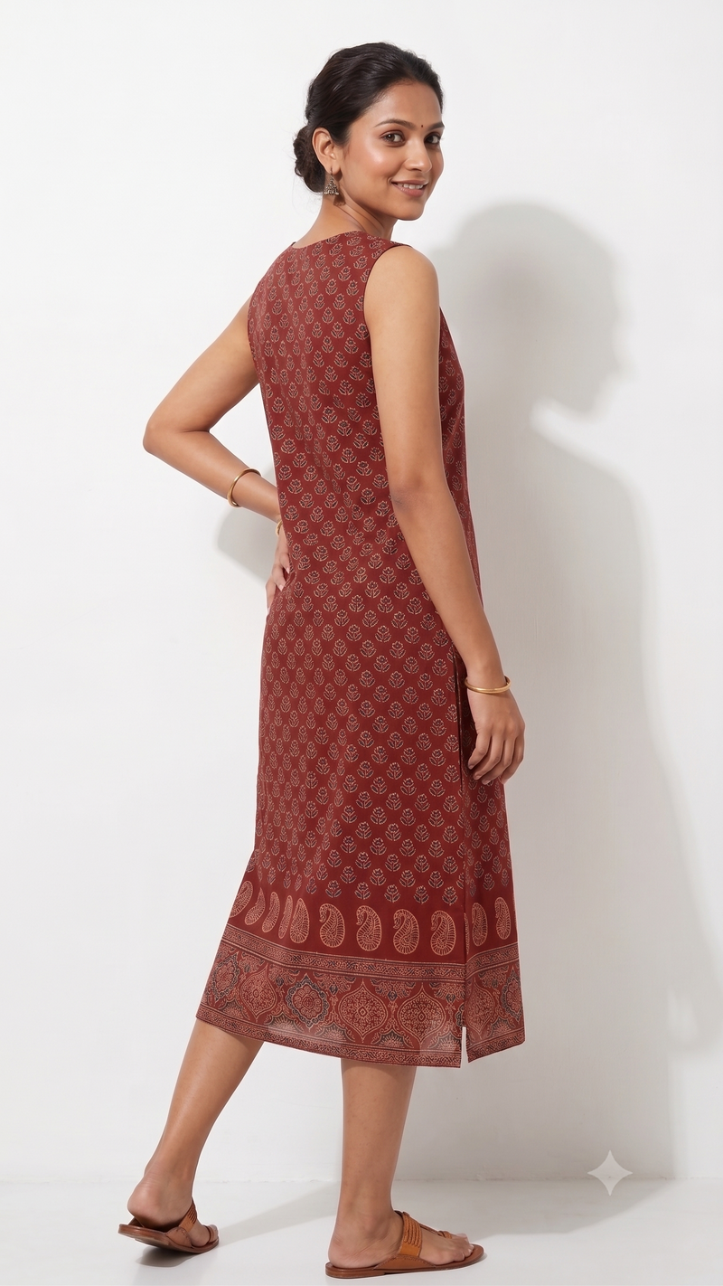 Rust Red Cotton Block Print Straight Kurta-1