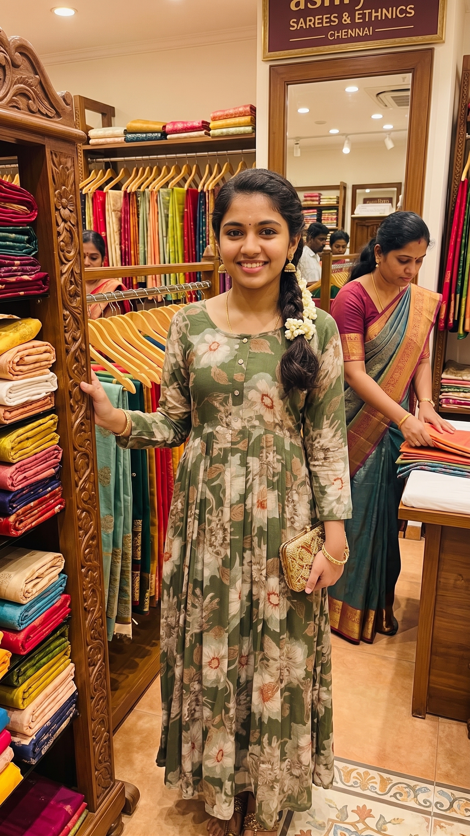 Sage Green Floral Printed Rayon Anarkali Kurta with Button Detail