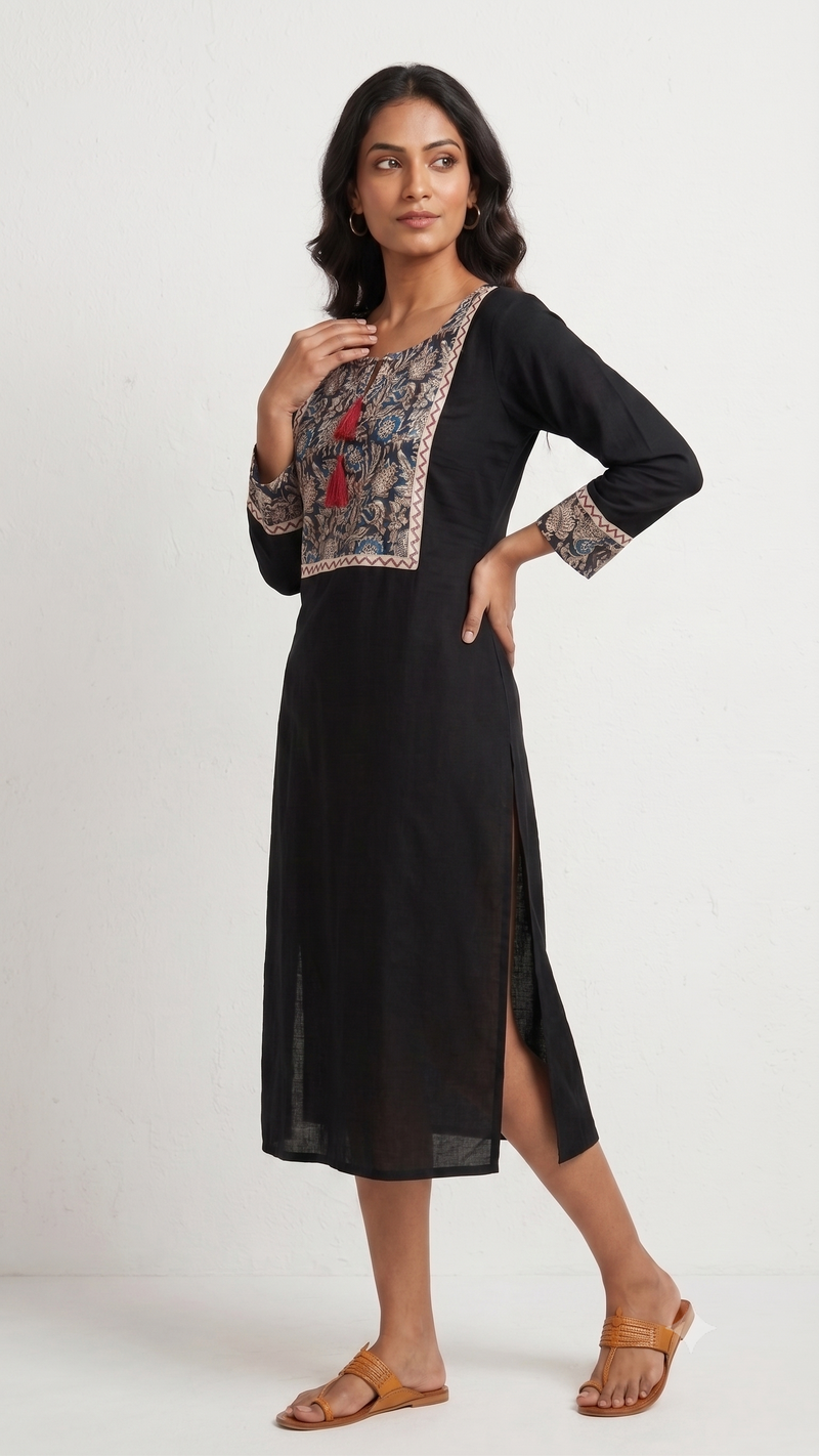 Charcoal Black Cotton Kurta with Floral Block-Print Panel-2