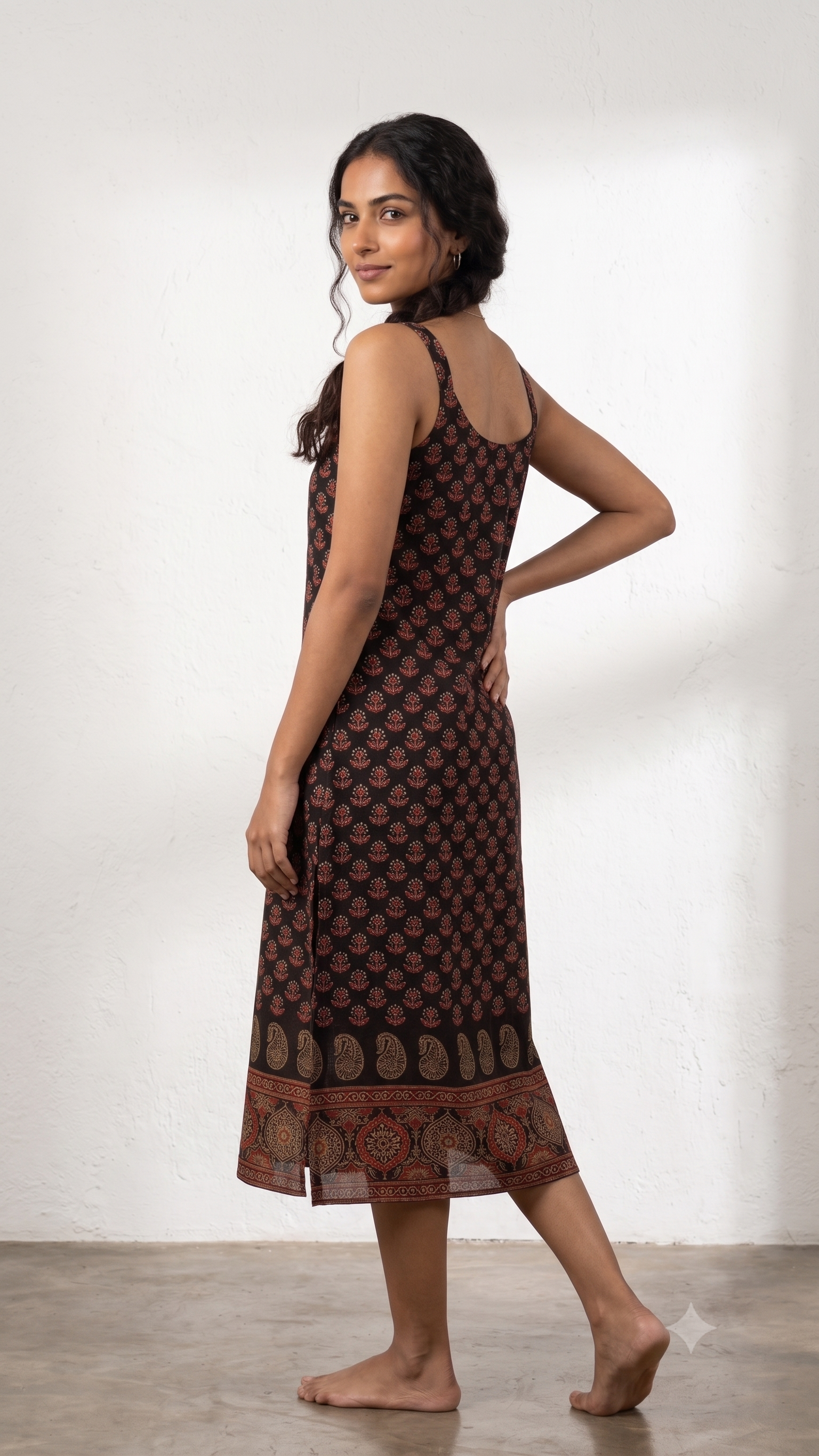Charcoal Black Cotton Block Print Scoop Neck Kurta-2