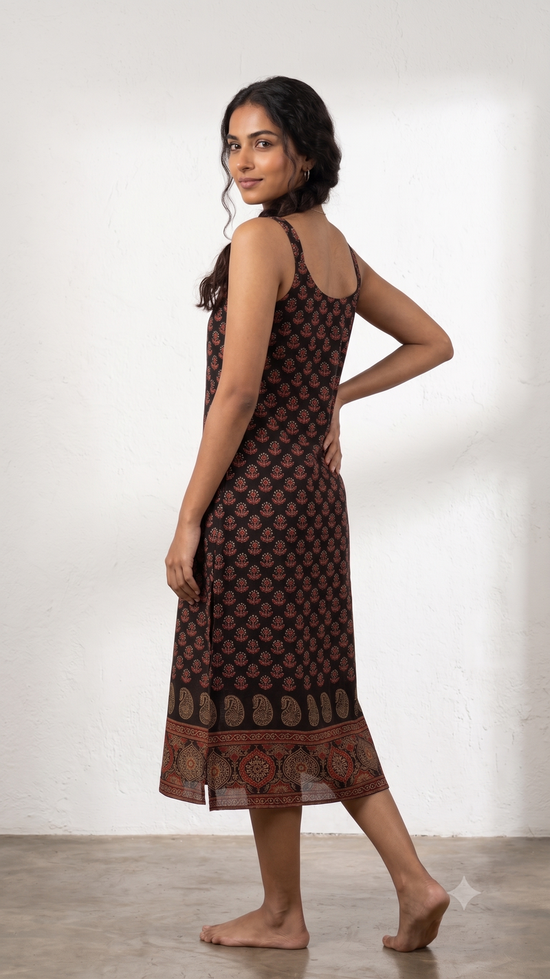 Charcoal Black Cotton Block Print Scoop Neck Kurta-2