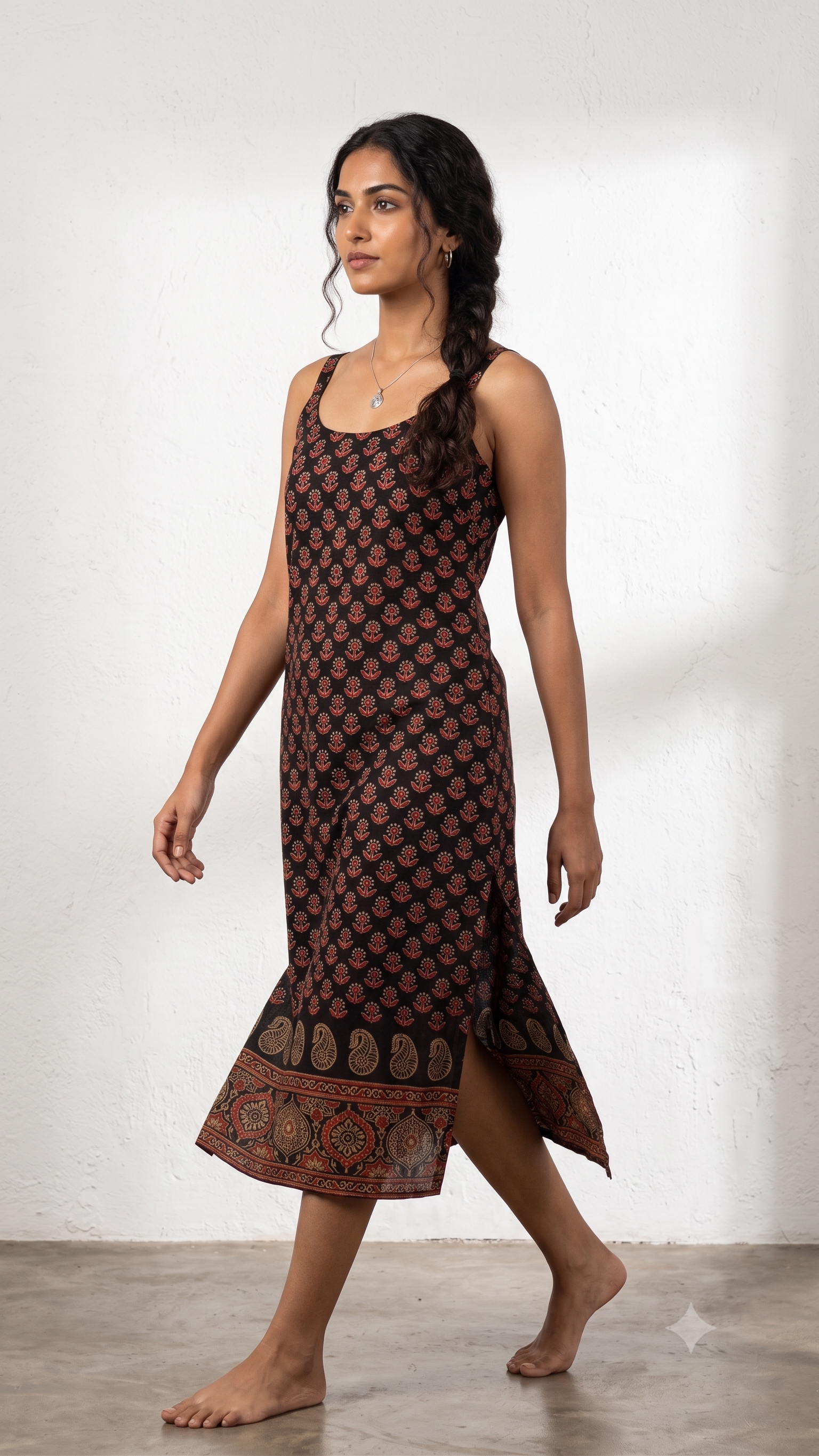 Charcoal Black Cotton Block Print Scoop Neck Kurta-1