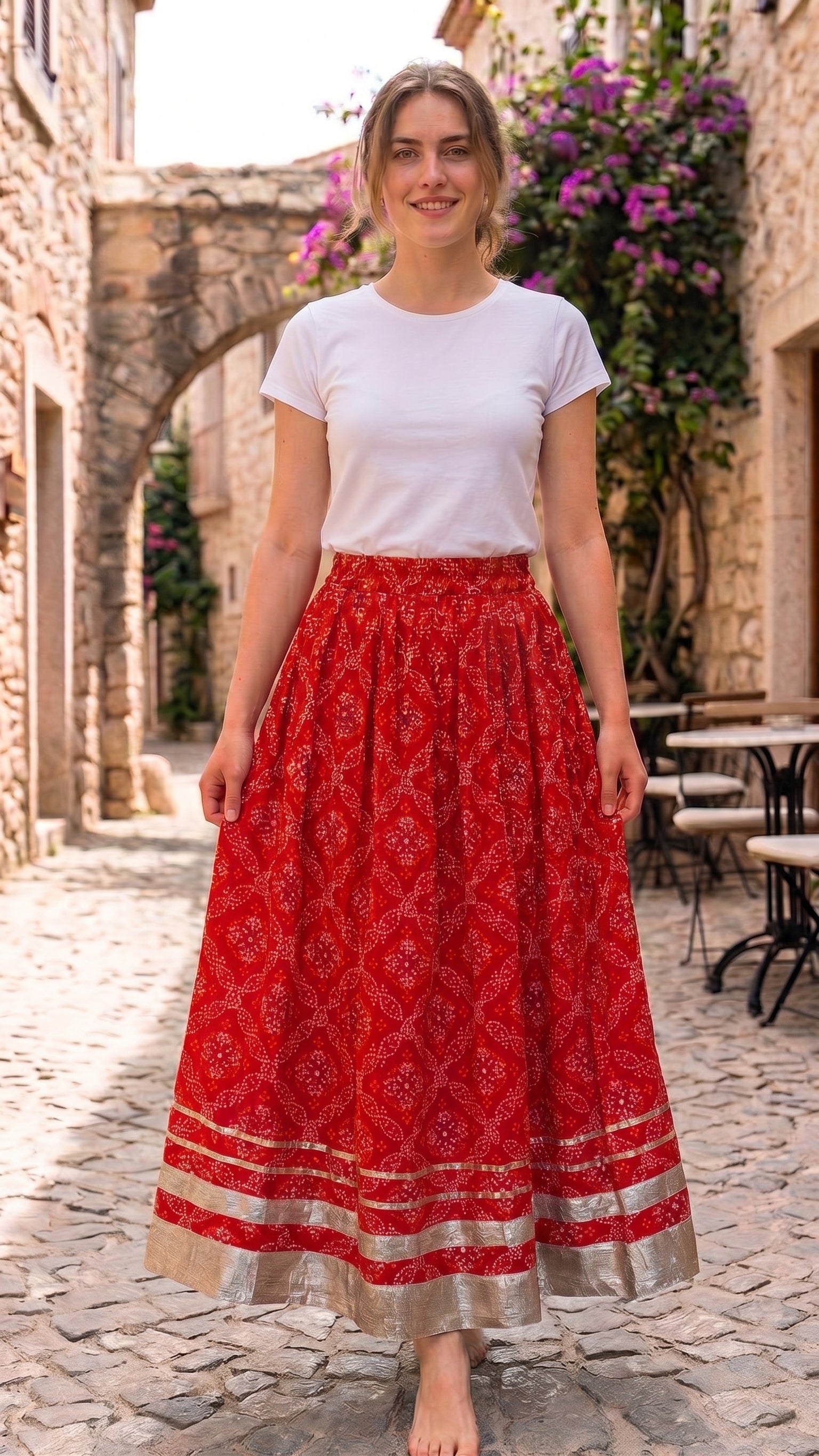 Red Bandhani Print Cotton Maxi Skirt