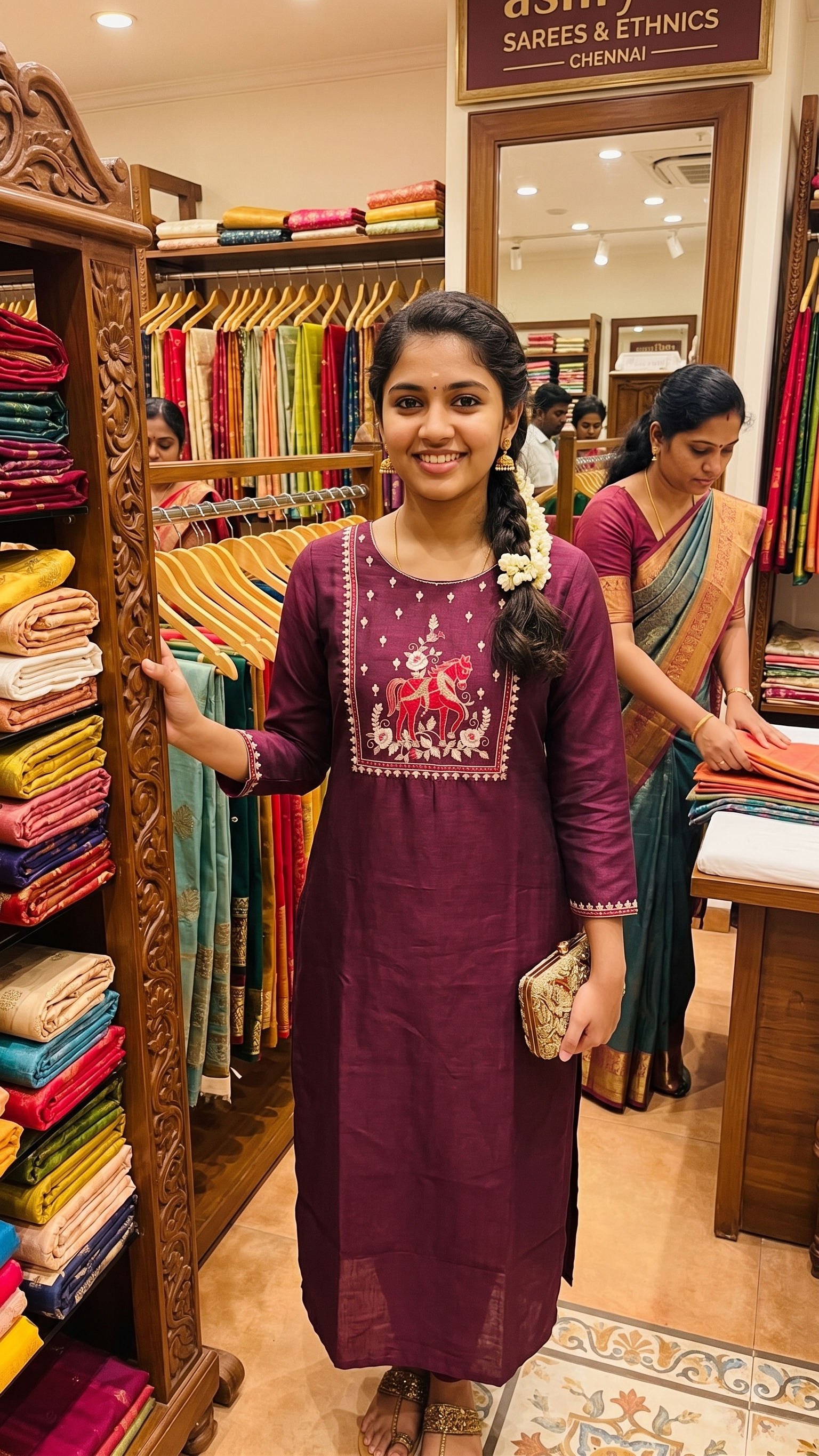 Deep Plum Silk Cotton Straight Kurti with Equestrian Floral Yoke Embroidery-1