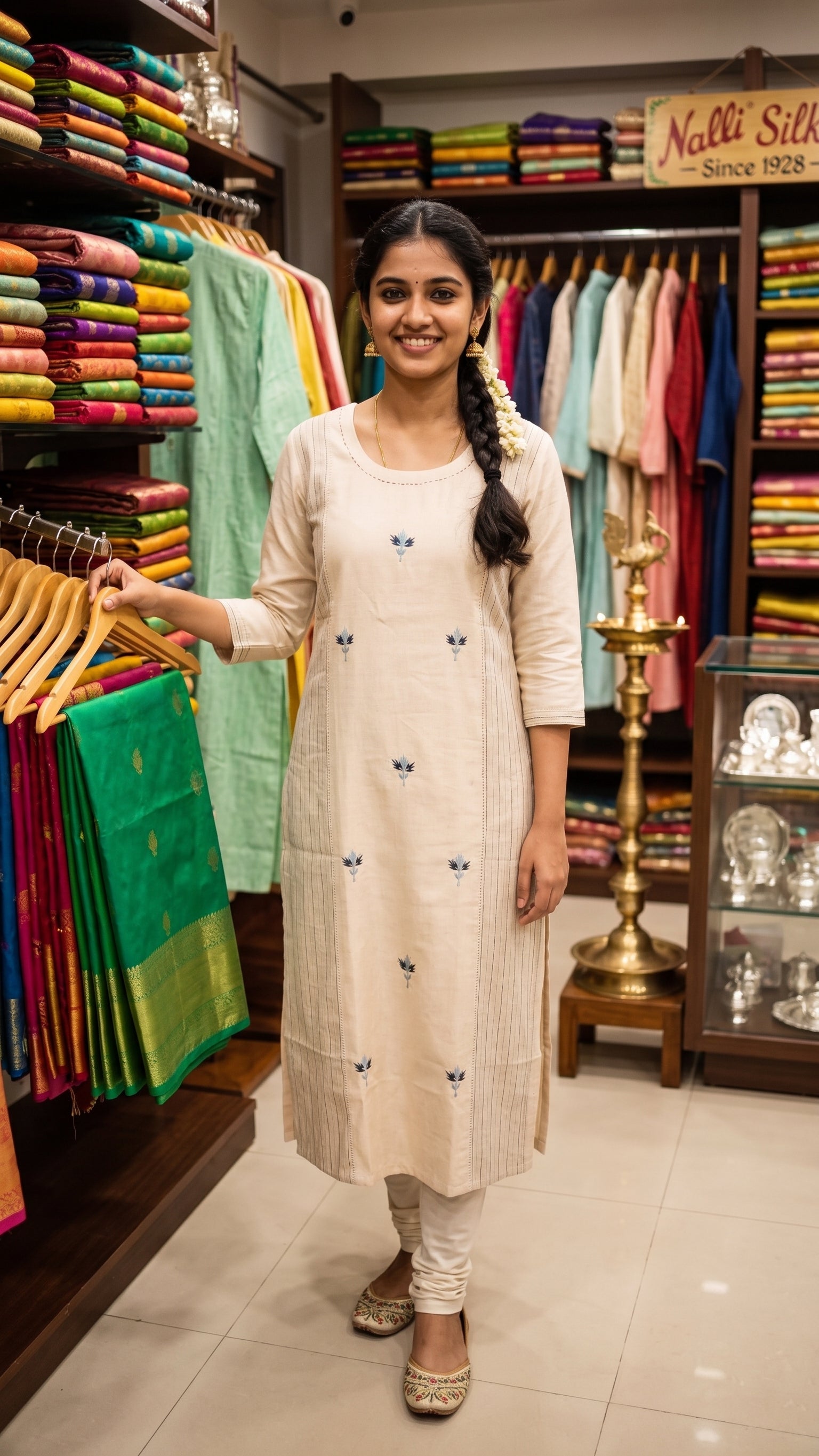 Beige Block Printed Cotton Kurta with Contrasting Trim