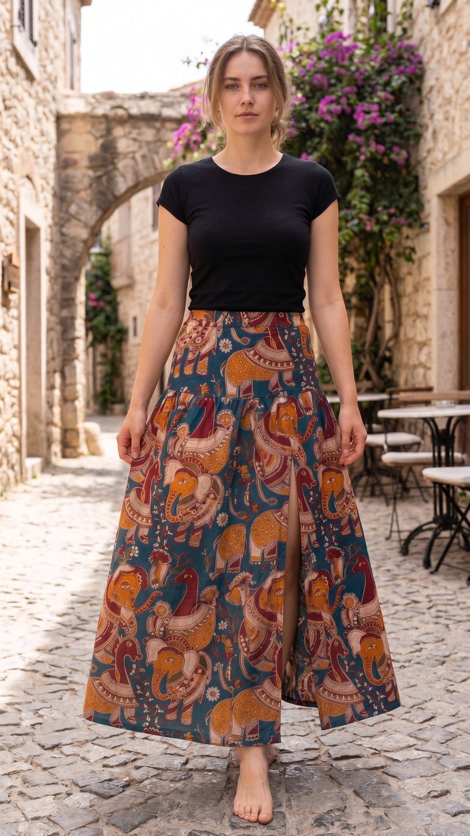 Traditional Kalamkari Elephant Print Skirt-1