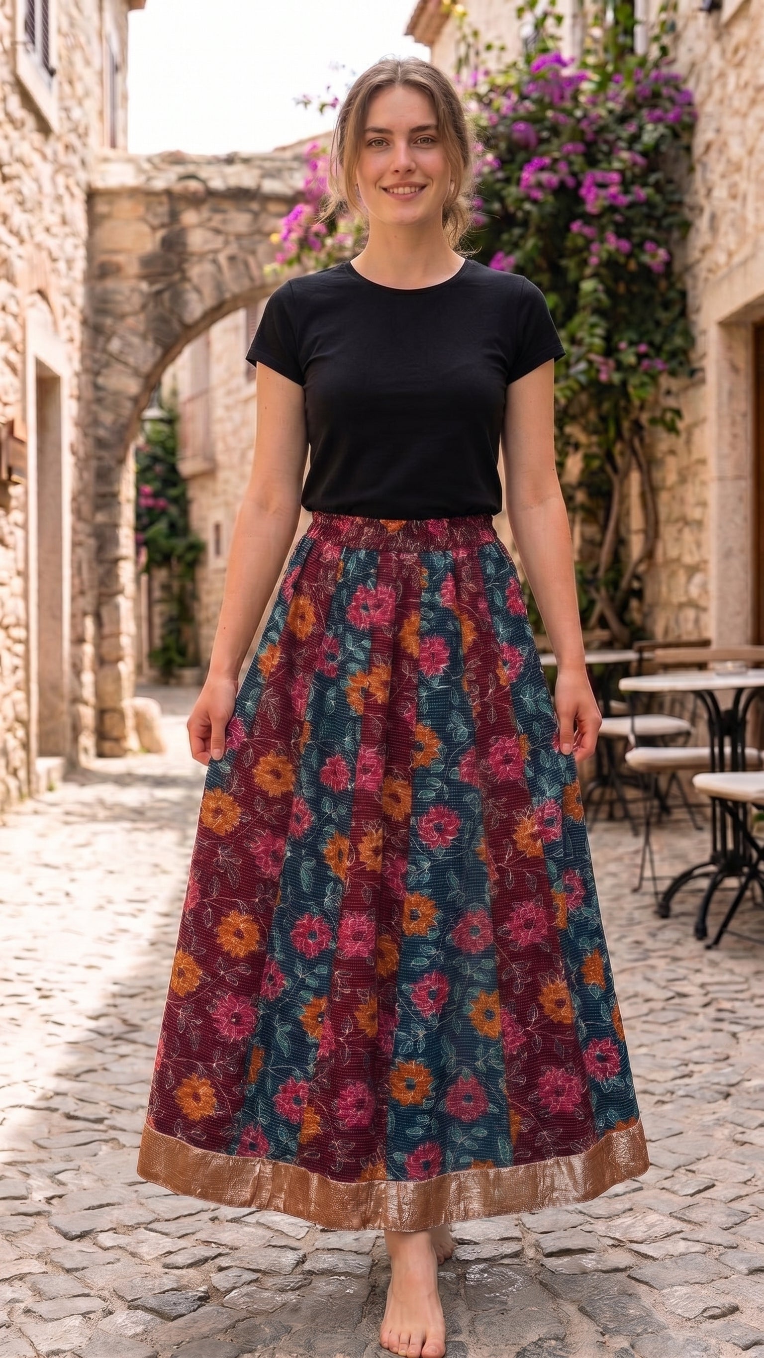 Multicolor Floral Kantha Stitch Flared Maxi Skirt-1