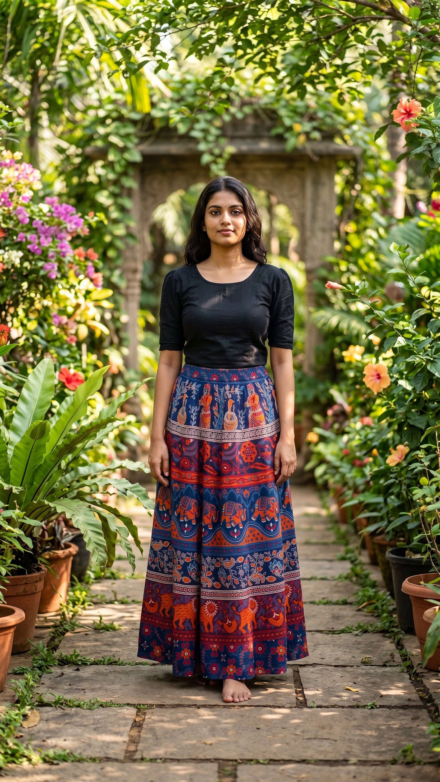 Royal Blue & Rust Orange Rajasthani Folk Motif Maxi Skirt-1