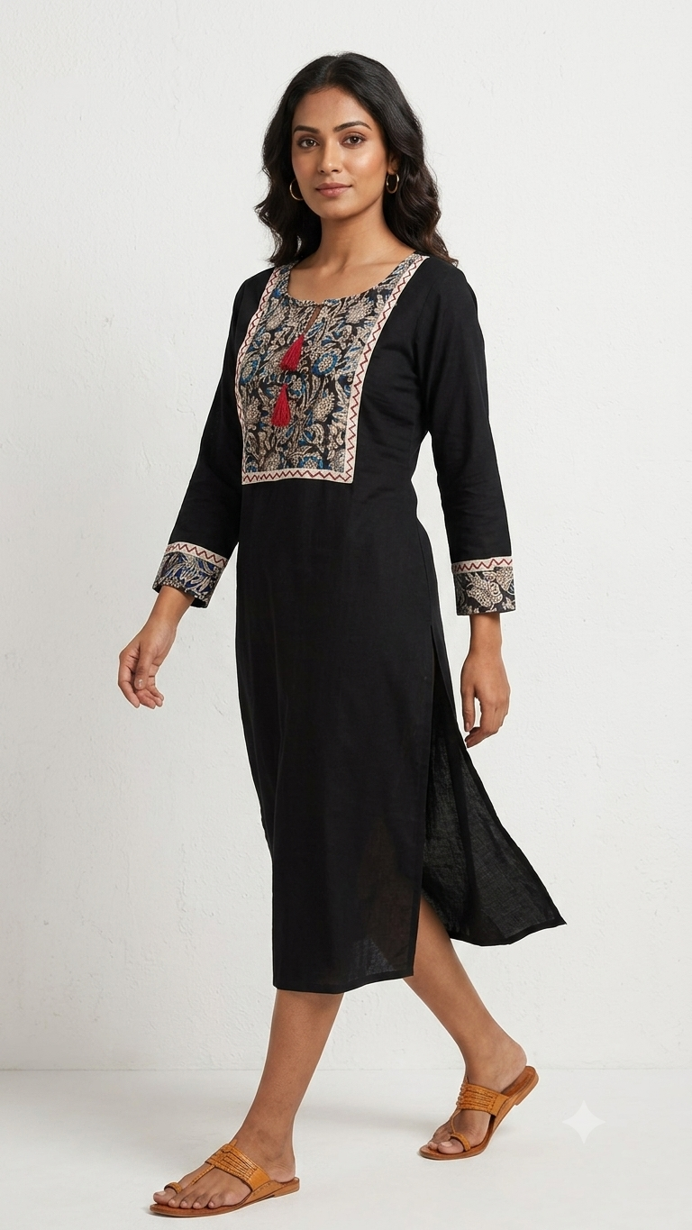 Charcoal Black Cotton Kurta with Floral Block-Print Panel-1