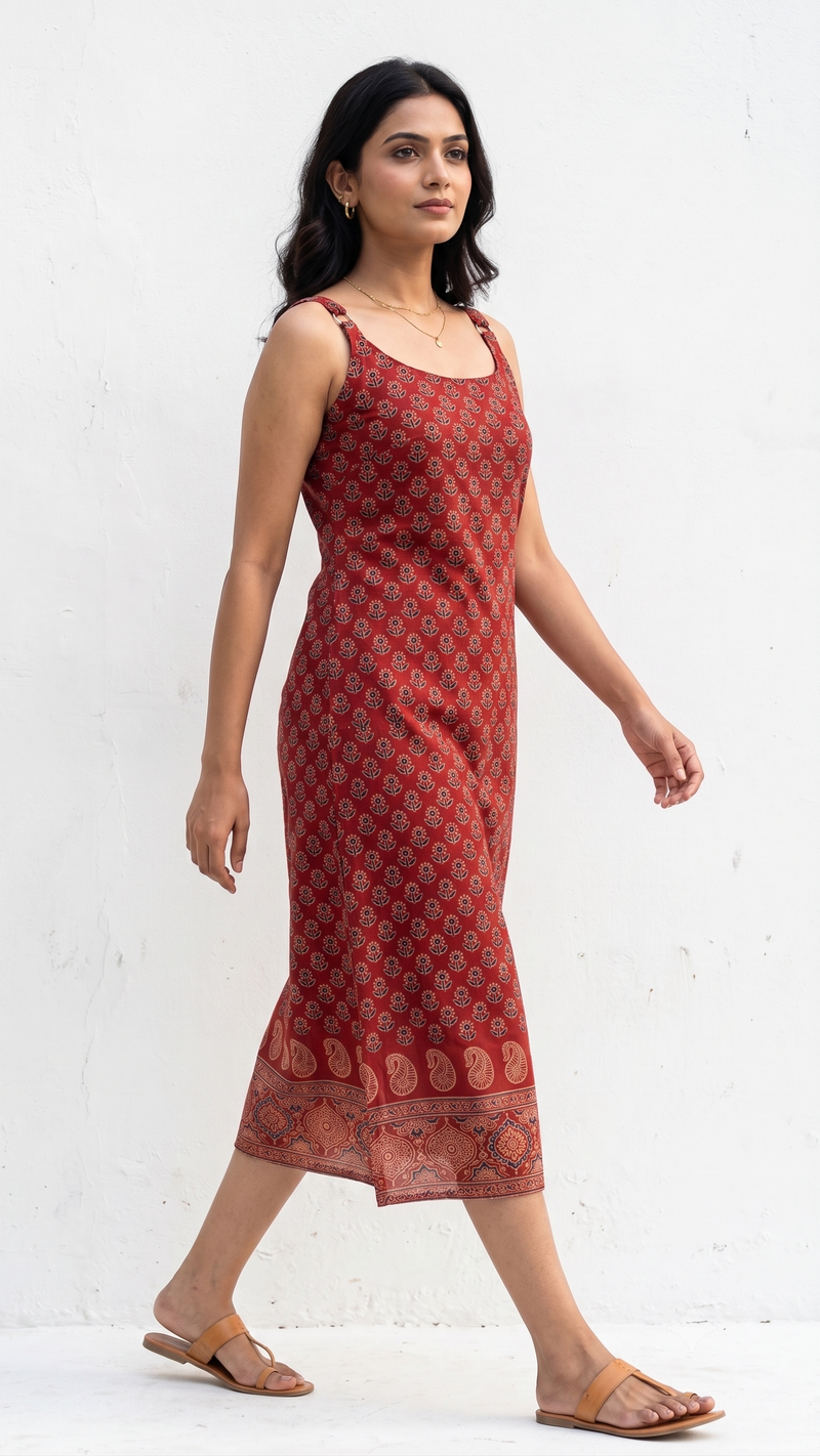 Brick Red Cotton Block Print Scoop Neck Kurta-1