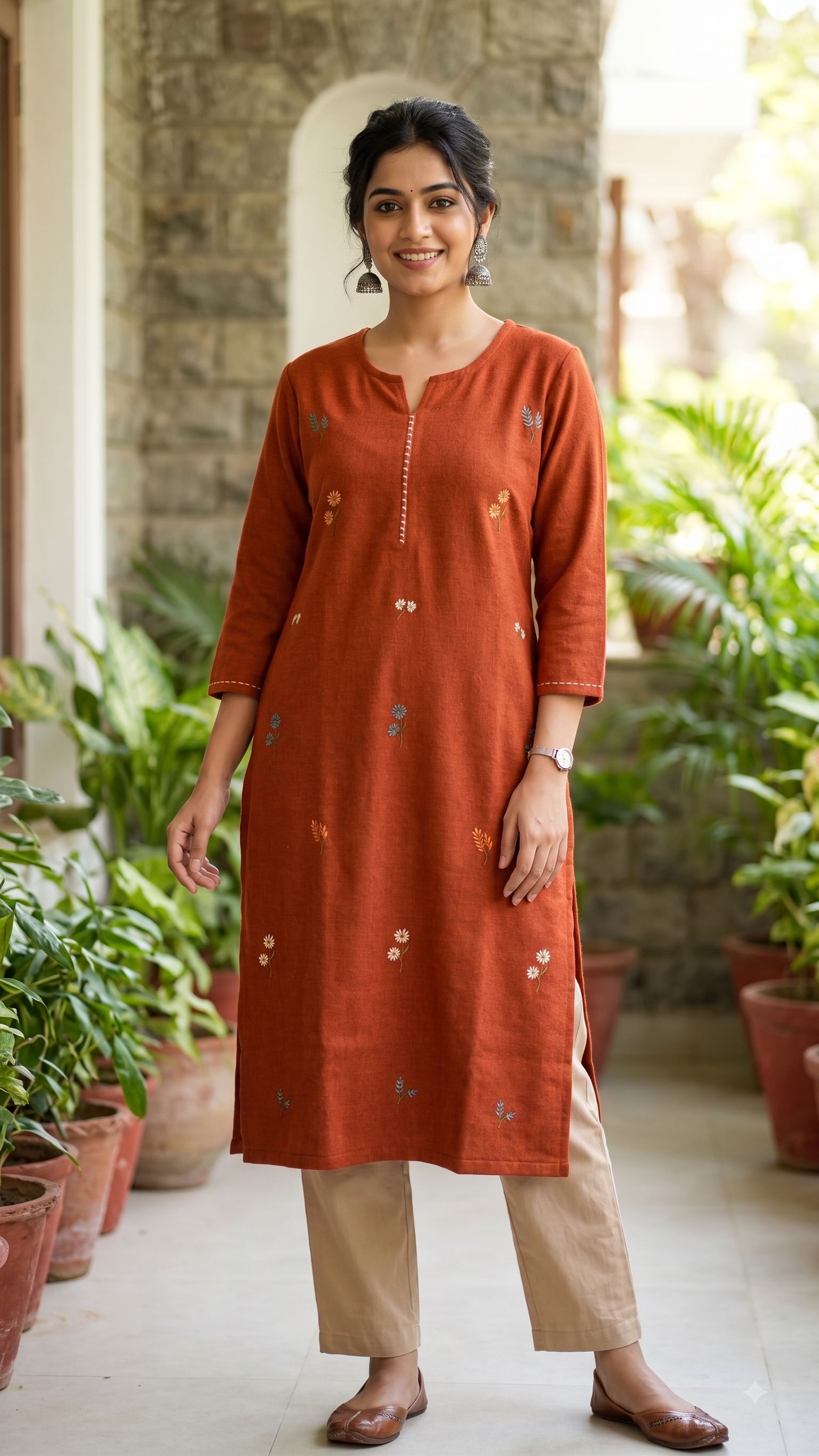 Rust Orange V-Notch Hand-Embroidered Straight Kurti-1