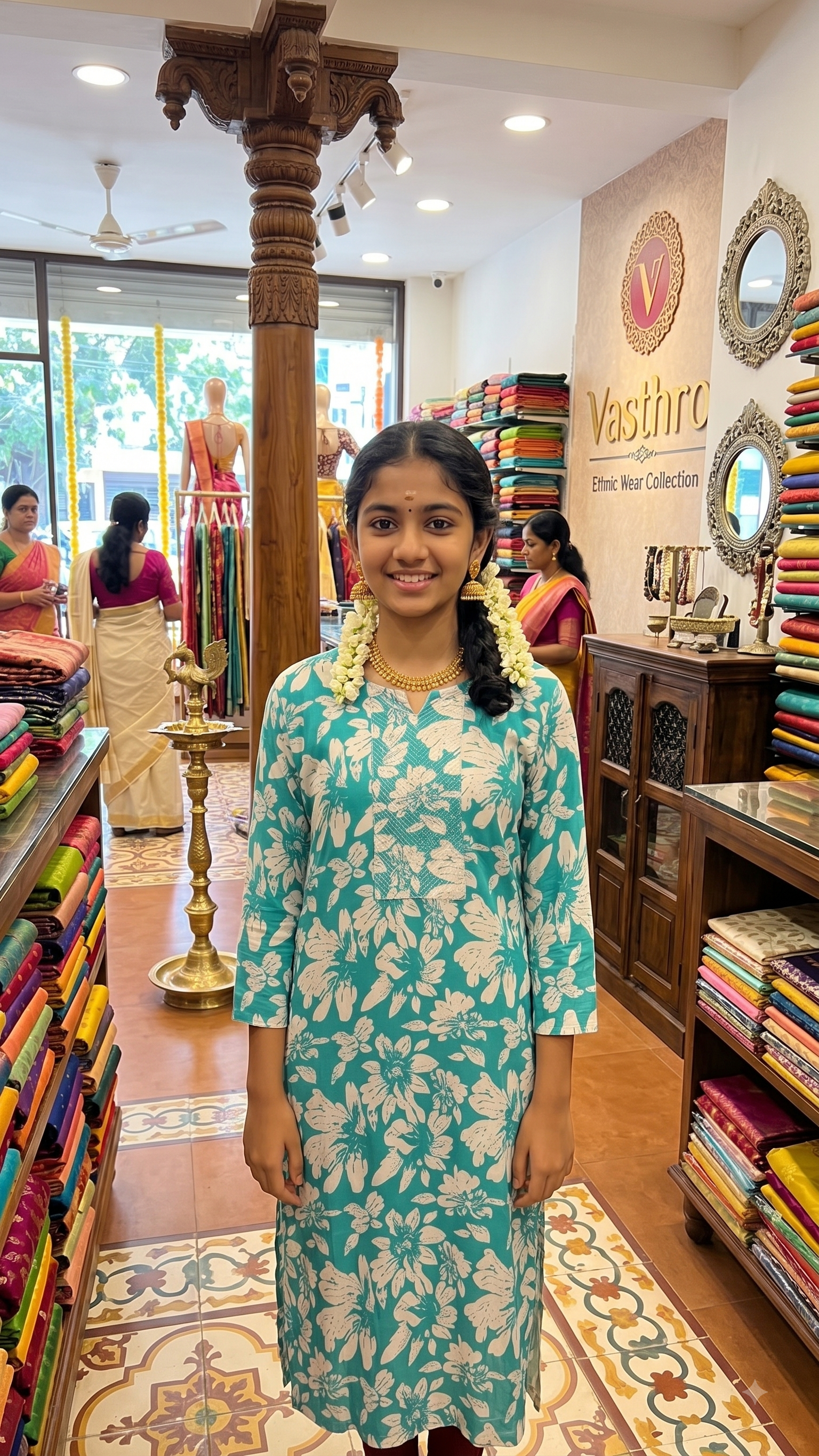 Teal Green Floral Printed Kurta with Textured Yoke Detail-1