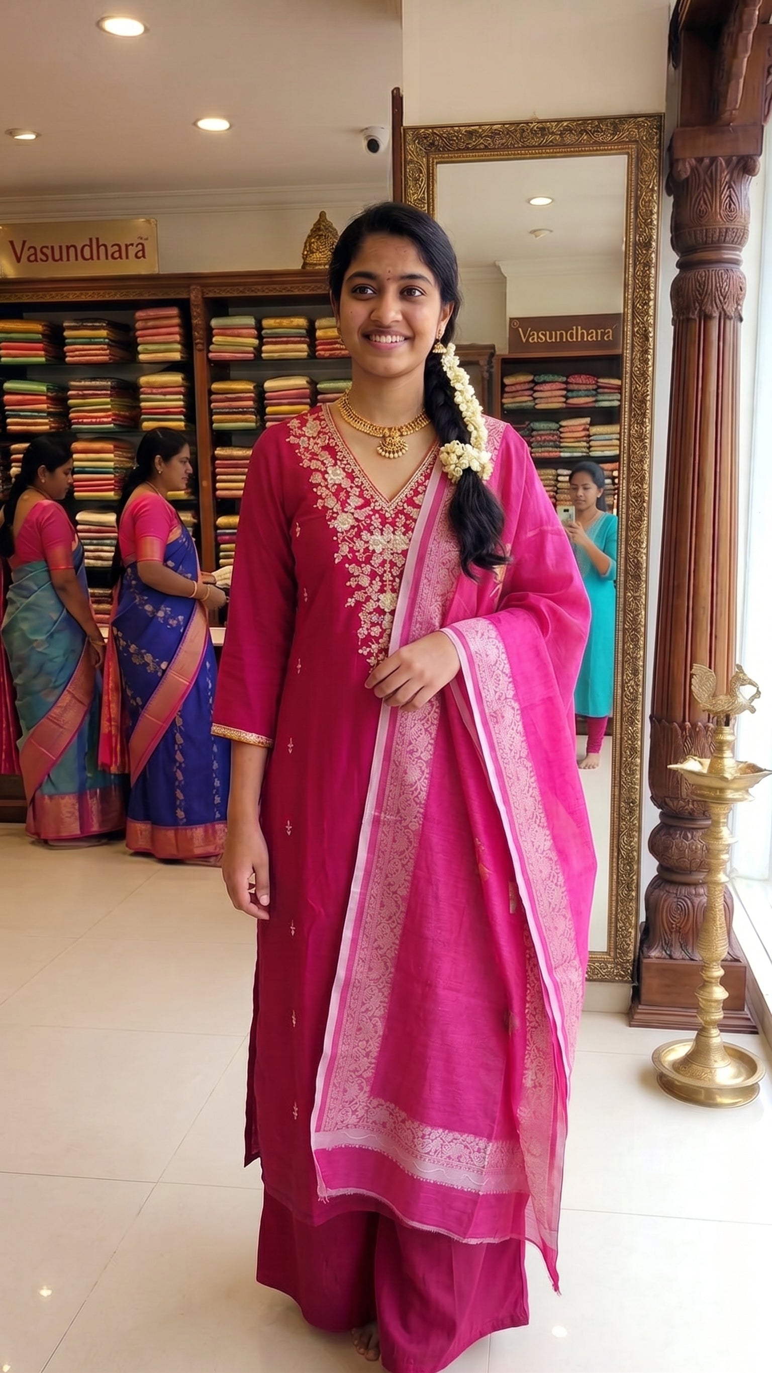 Magenta Pink Embroidered Silk-Blend Kurta Set with Zari Border Dupatta-1