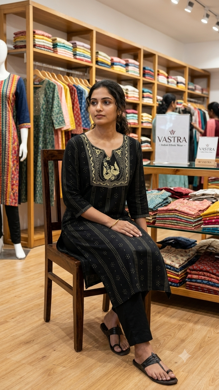 Jet Black Straight Kurta with Traditional Zari Work Neckline-2