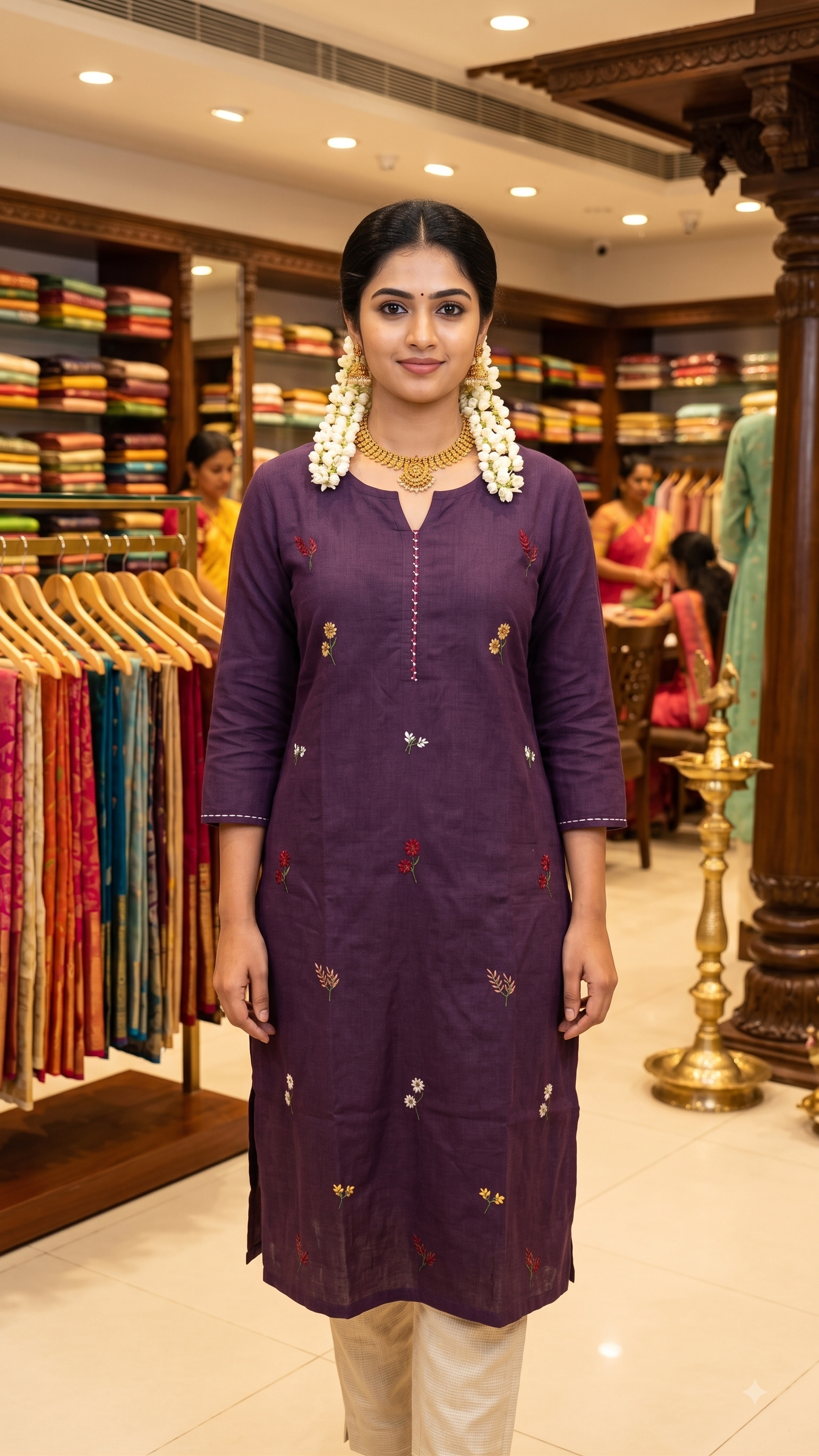 Deep Purple Floral Embroidered Linen-Cotton Kurta-1