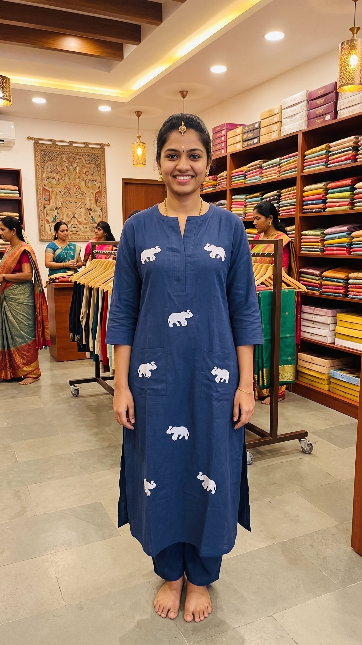 Navy Blue Elephant Motif Cotton Kurta with Pants Set-1
