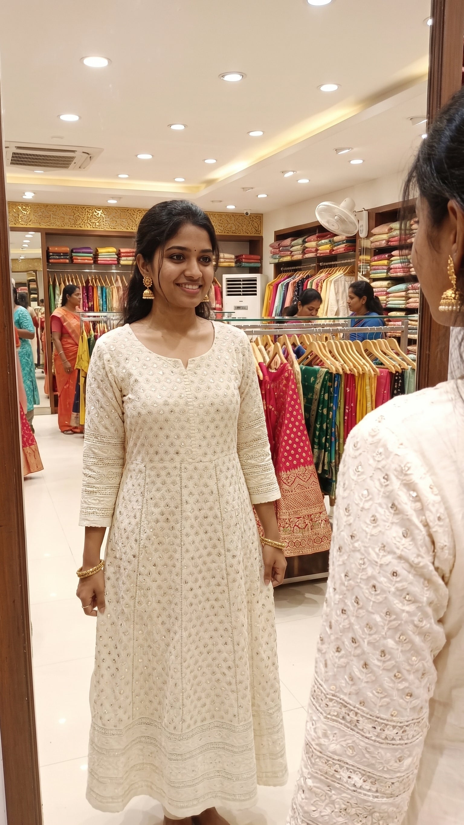 Classic Cream Sequin Chikankari Flared Anarkali