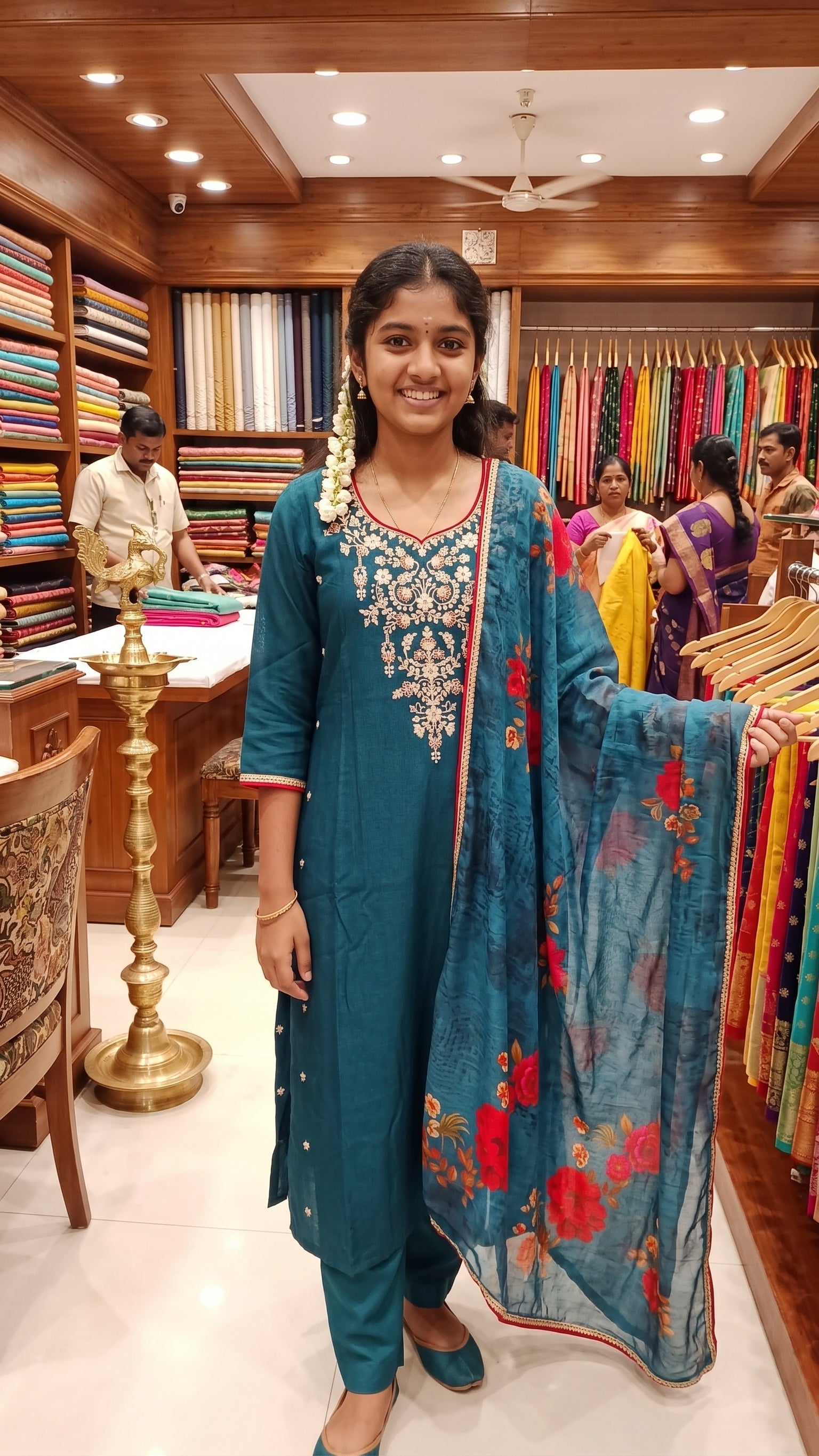 Elegant Teal Green Hand-Embroidered Chanderi Kurta Set with Floral Digital Print Dupatta-1
