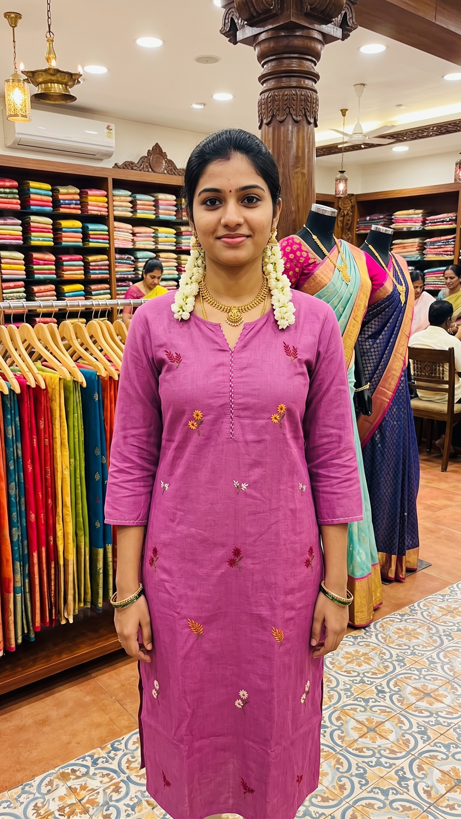 Mauve Floral Embroidered V-Neck Cotton Linen Kurta-1