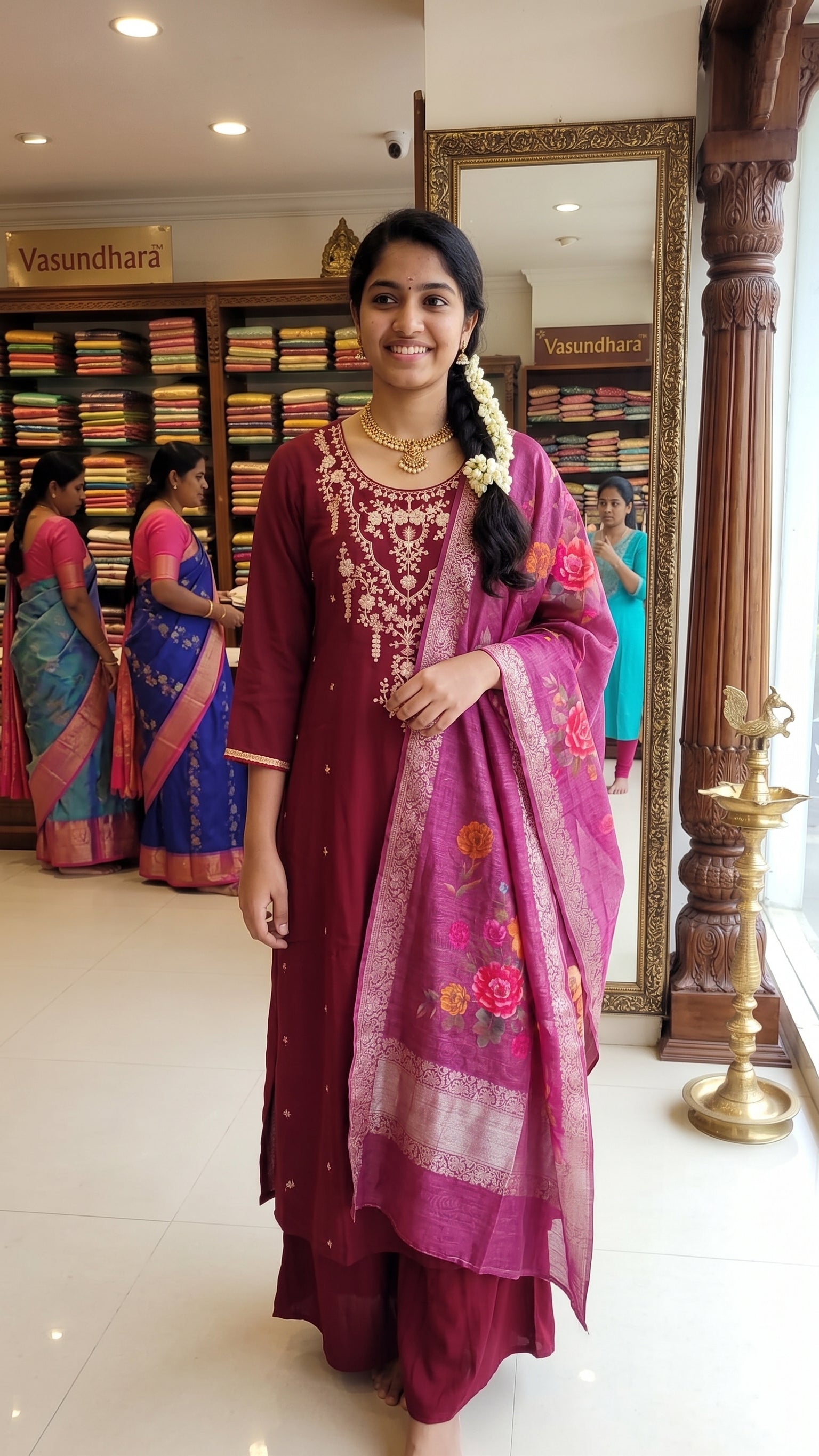 Maroon Embroidered Kurta Set with Floral Printed Dupatta