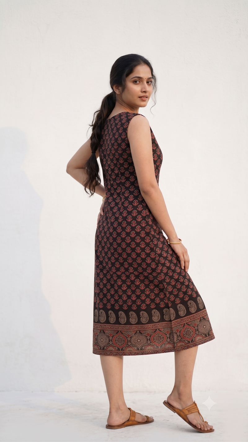 Midnight Black Ajrakh Print Sleeveless Kurti-2