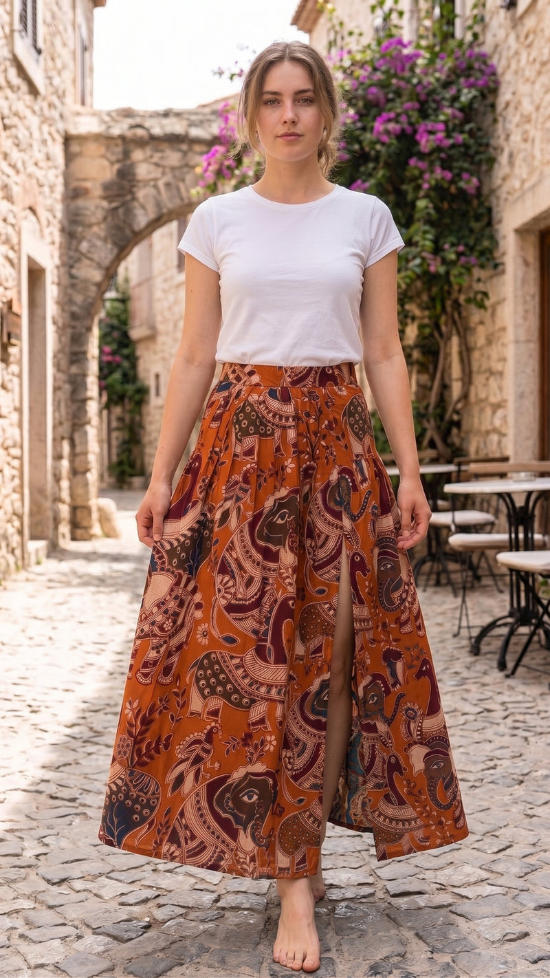 Traditional Kalamkari Elephant Print Skirt-2