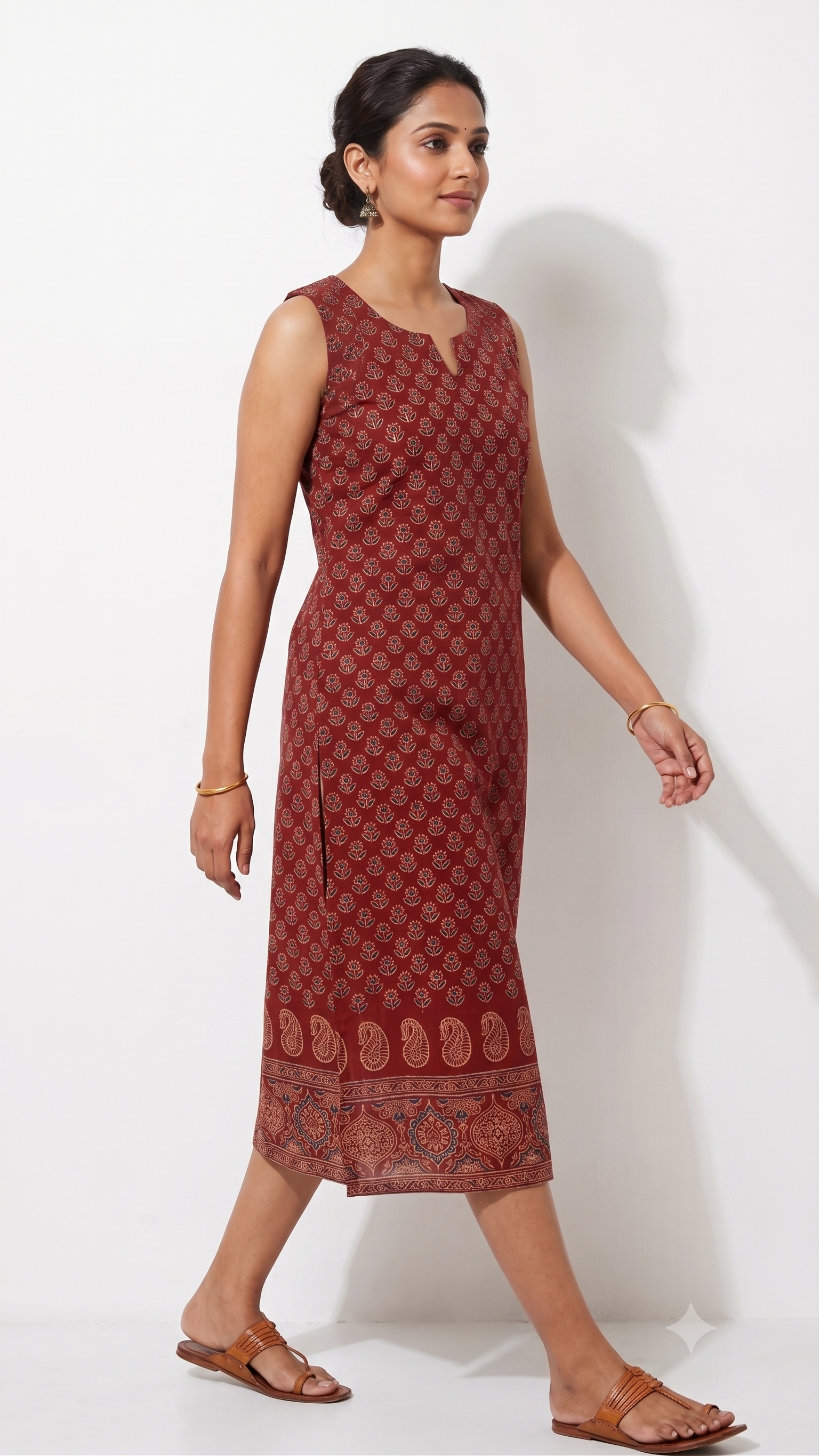 Rust Red Cotton Block Print Straight Kurta-2