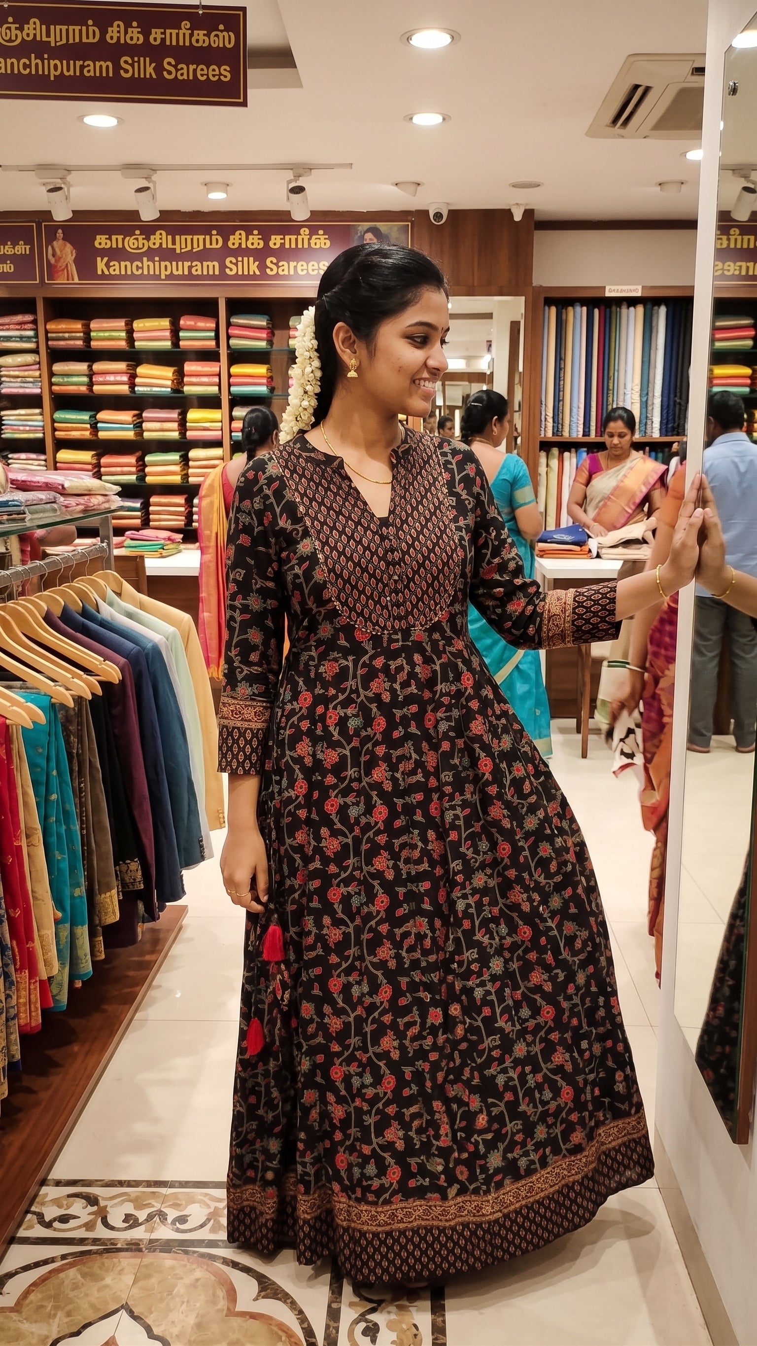Black Floral Printed Anarkali Kurti with Geometric Yoke
