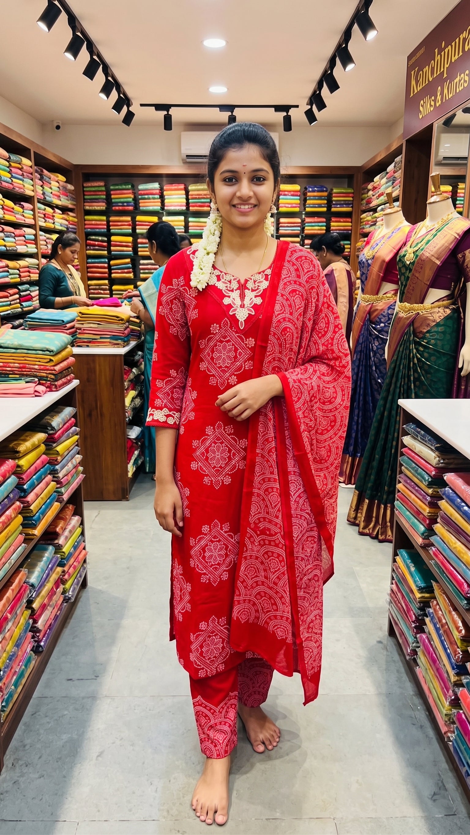 pink Bandhani Printed Kurta Set with Embroidered Neckline & Dupatta-1
