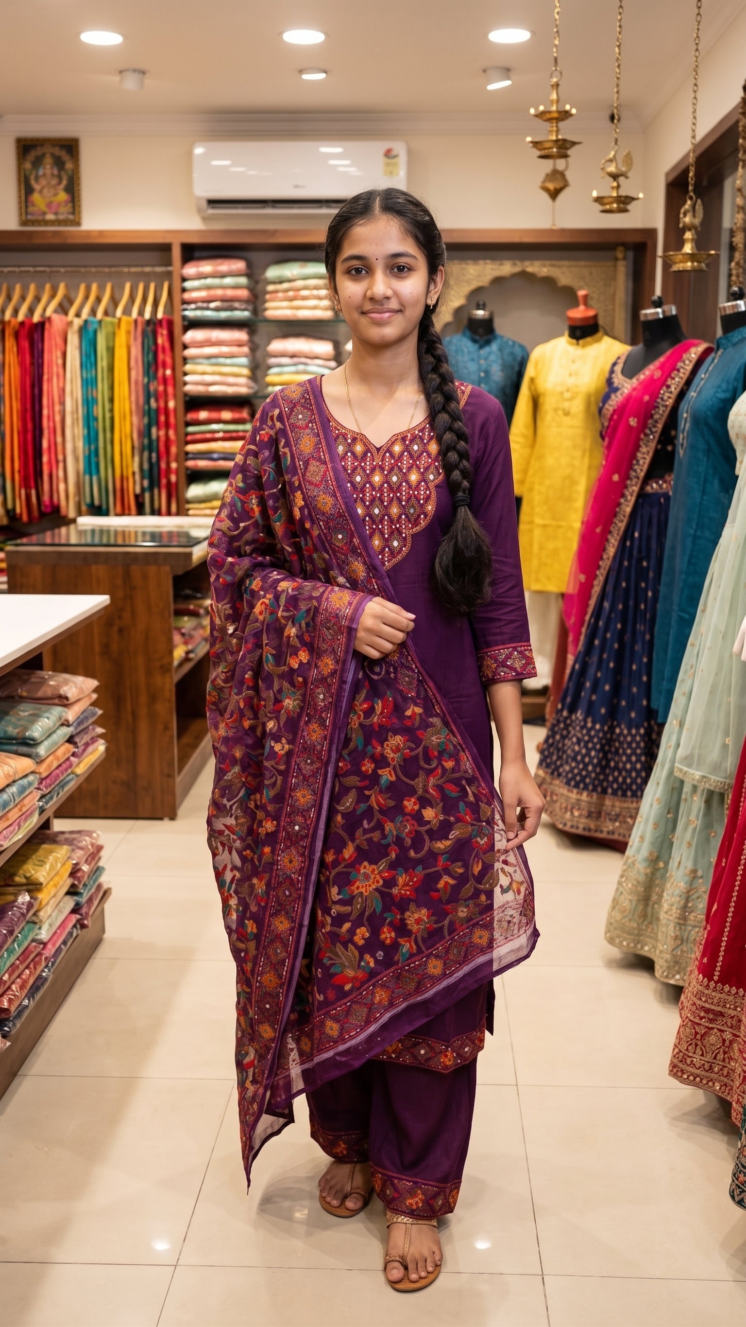 Deep Purple Mirror Work & Floral Embroidered Kurta Set with Dupatta