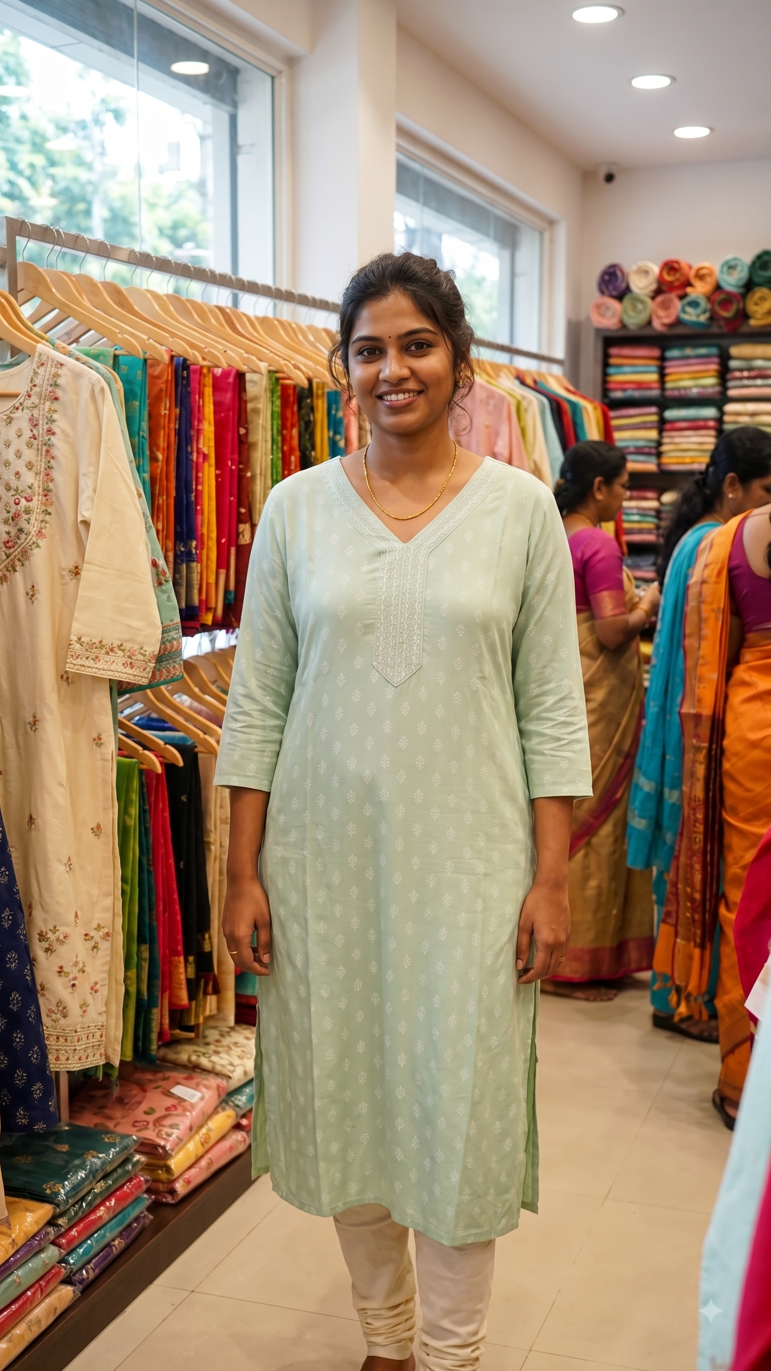 Mint Green Embroidered V-Neck Kurti with Allover Floral Print-1