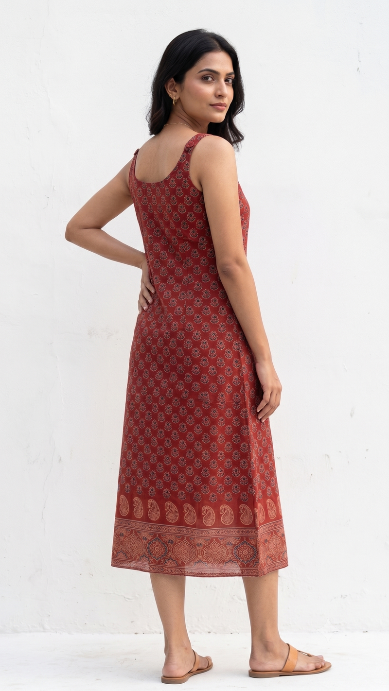 Brick Red Cotton Block Print Scoop Neck Kurta-2