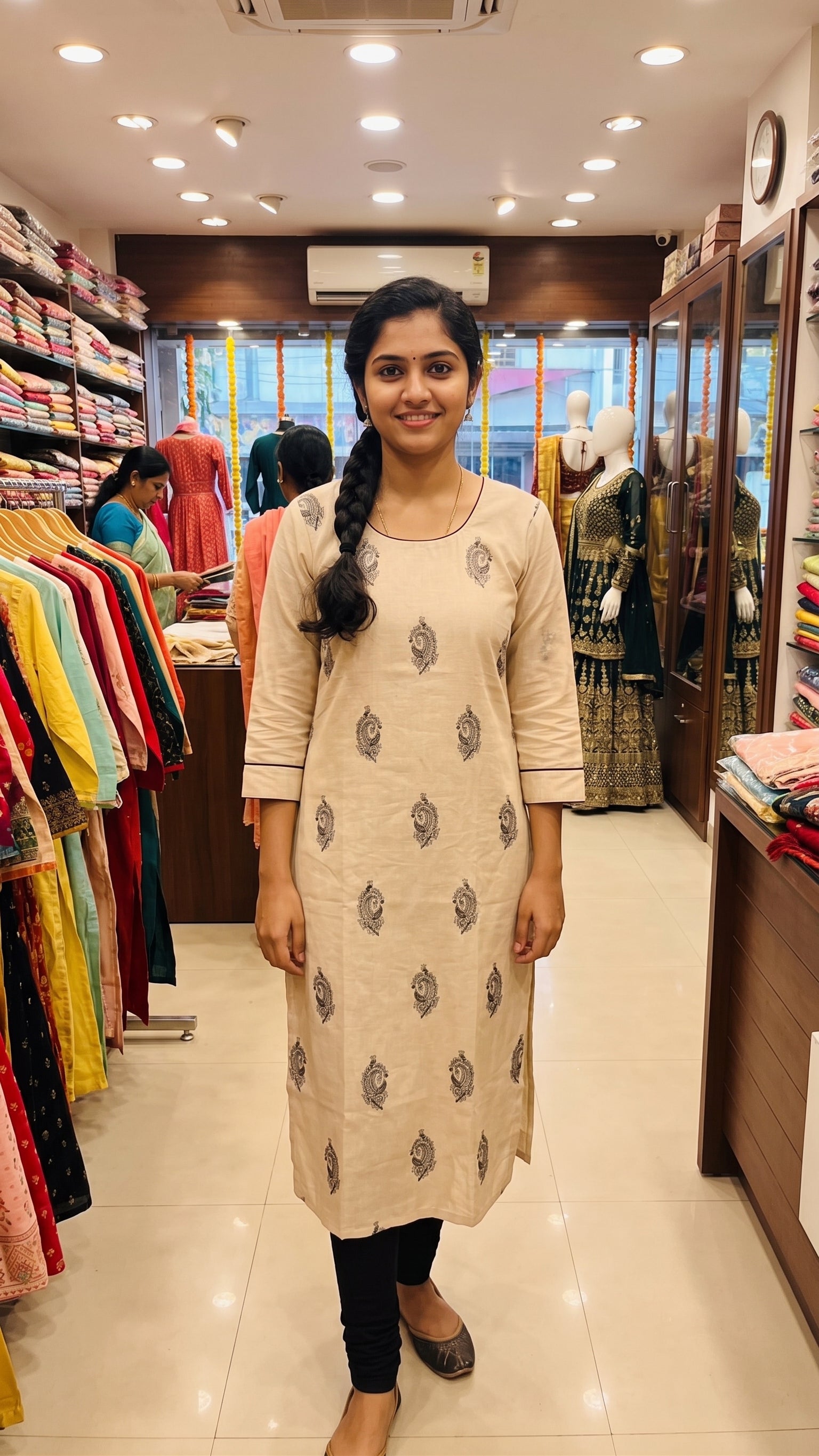 Beige Block Printed Cotton Kurta with Contrasting Trim-1