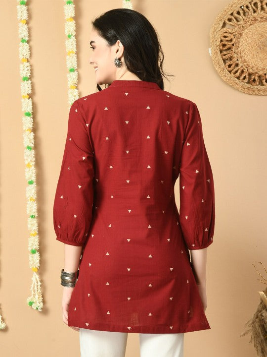 Geometric Printed Mandarin Collar Cotton Tunic-2