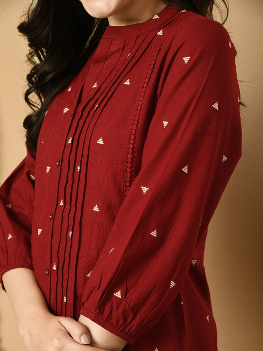 Geometric Printed Mandarin Collar Cotton Tunic-6