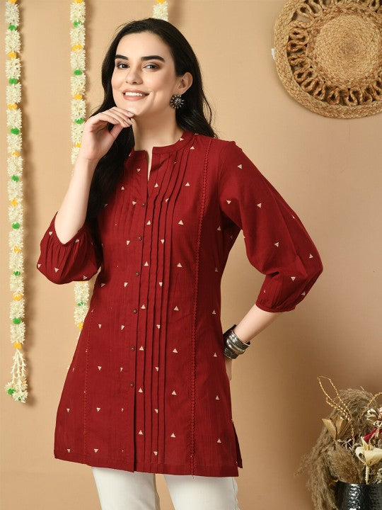 Geometric Printed Mandarin Collar Cotton Tunic-3