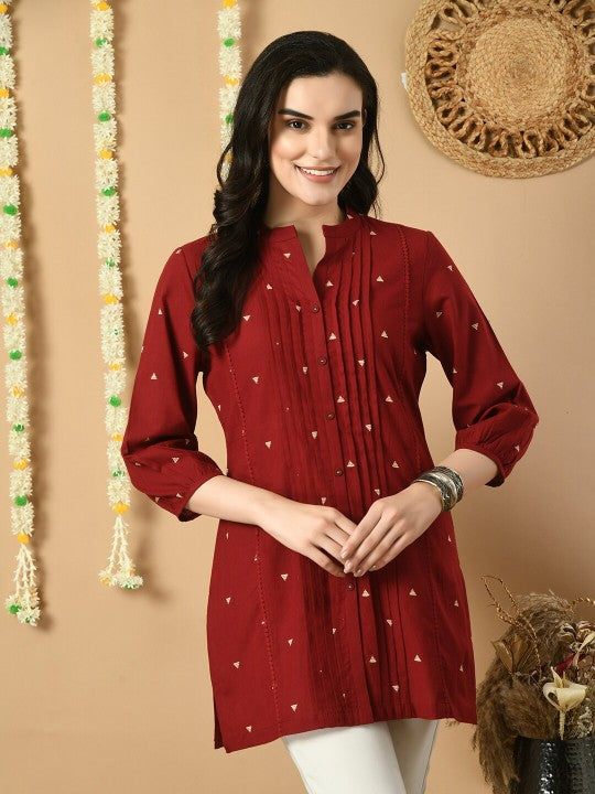 Geometric Printed Mandarin Collar Cotton Tunic-1
