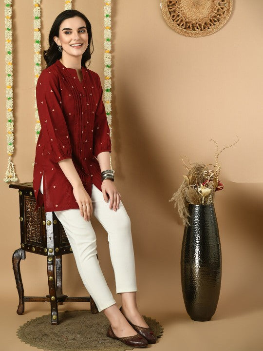Geometric Printed Mandarin Collar Cotton Tunic-7