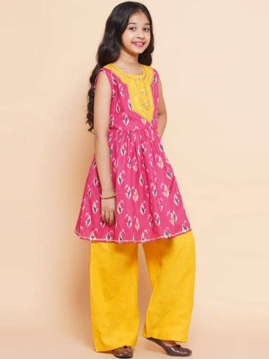 Girls Ethnic Printed Gotta Patti A-Line Pure Cotton Kurta with Palazzos-1