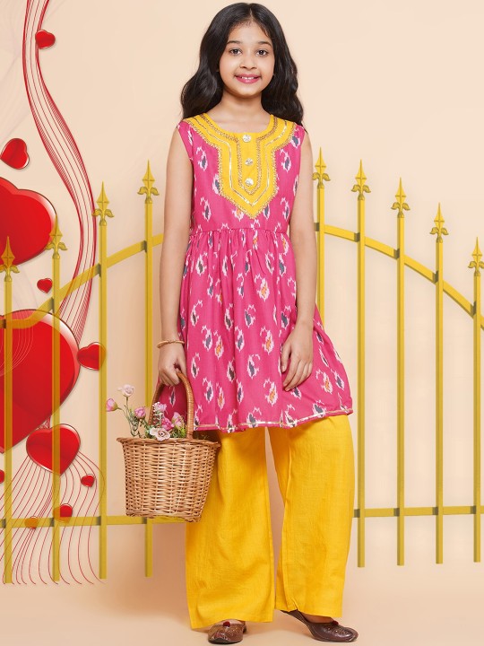 Girls Ethnic Printed Gotta Patti A-Line Pure Cotton Kurta with Palazzos-3