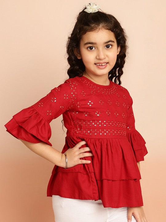 Girls Floral Embroidered Sequinned Bell Sleeves A-Line Kurti