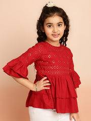 Girls Floral Embroidered Sequinned Bell Sleeves A-Line Kurti
