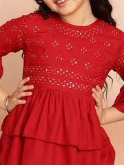 Girls Floral Embroidered Sequinned Bell Sleeves A-Line Kurti
