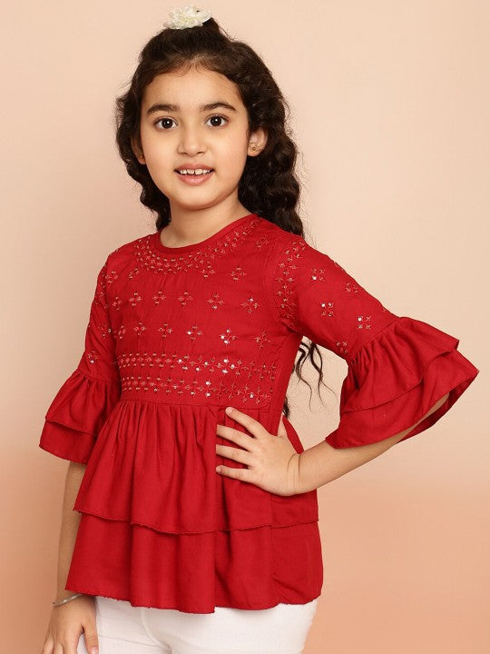 Girls Floral Embroidered Sequinned Bell Sleeves A-Line Kurti-5