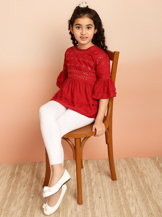 Girls Floral Embroidered Sequinned Bell Sleeves A-Line Kurti