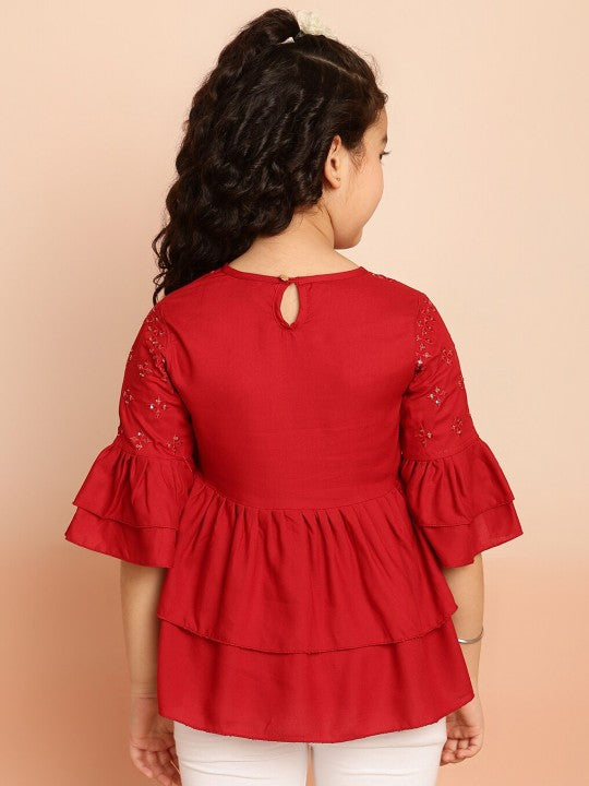 Girls Floral Embroidered Sequinned Bell Sleeves A-Line Kurti