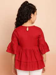 Girls Floral Embroidered Sequinned Bell Sleeves A-Line Kurti