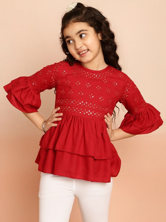 Girls Floral Embroidered Sequinned Bell Sleeves A-Line Kurti-1